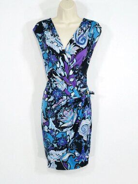 Cache Faux Wrap Dress Sz 4 Stretchy Blue Paisley Side Buckle Y2K Whimsy